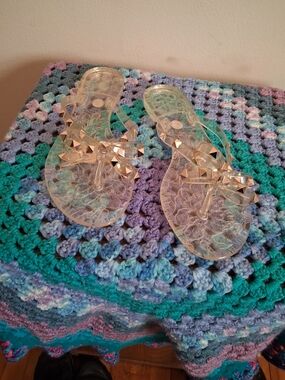 Clear Jelly Bow Stud Sandals - Transparent with Gold Studs